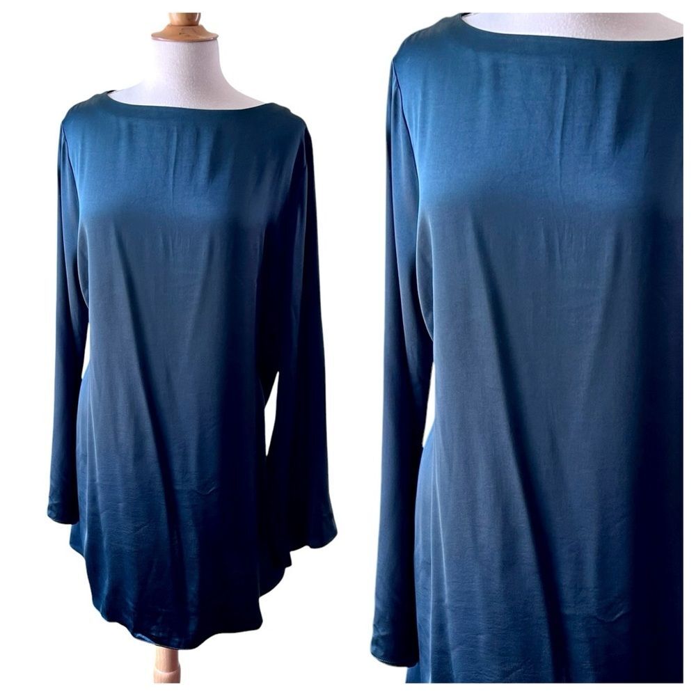 MADEWELL Dark Green Satin Long Bell Sleeve Mini Dress - XL - Picture 4 of 10